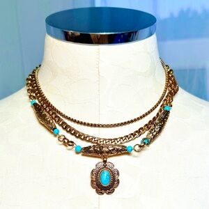 New Free People Gold and Turquoise Layered Necklace